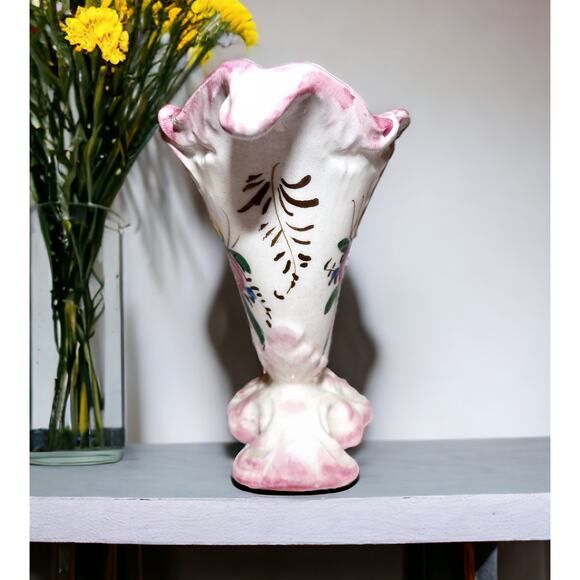 Vintage Italian Hand-painted Cornucopia Vase Numbered 760/159 Italy Floral - Picture 5 of 5